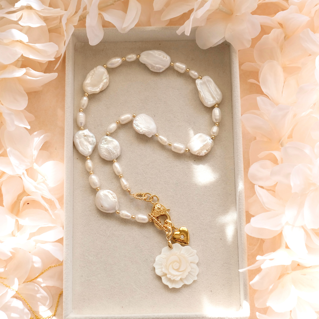 Pre-made Baroque Pearl Rose Pendant Necklace - Elegant White Flower & Gold Heart Charm