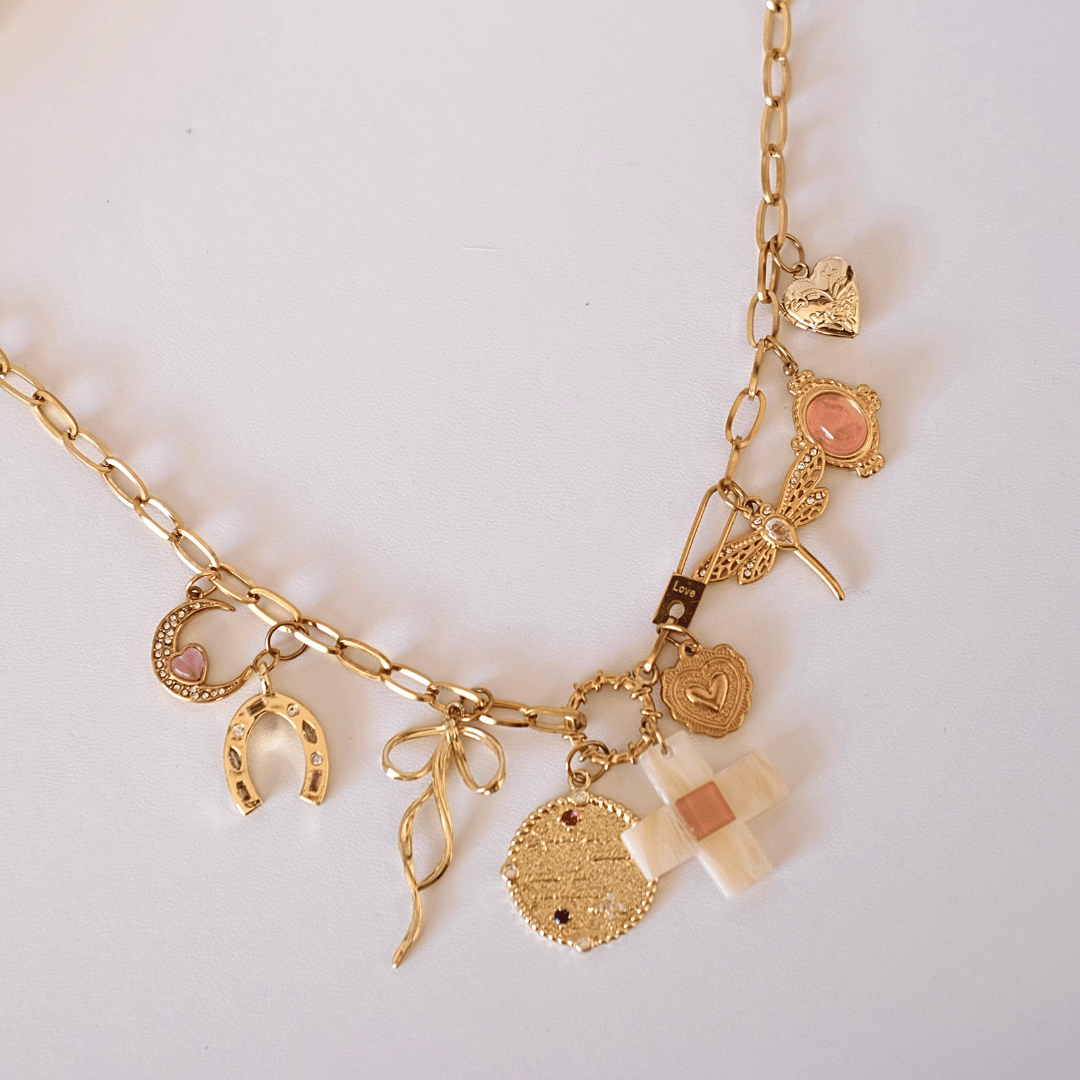 PRE-MADE Vintage Lucky Charm Necklace – Cross & Gold Amulets