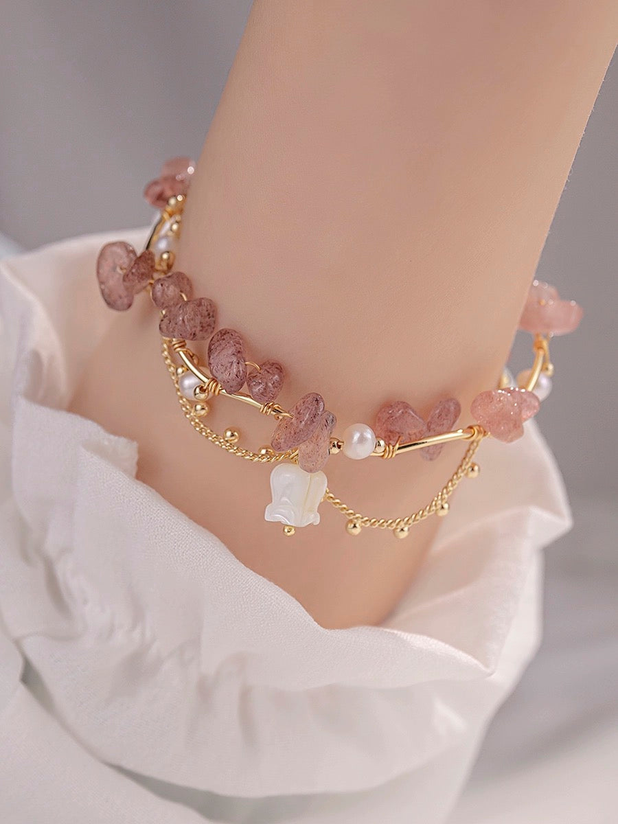 lily of the valley girl bracelet handmade Mixed pearl, Strawberry Crystal beads Bracelet jewelry