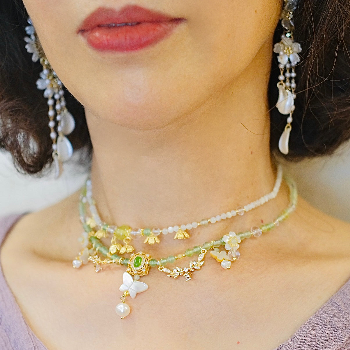 Green butterfly double necklace handmade White crystal bead mother of pearls jewelry beads