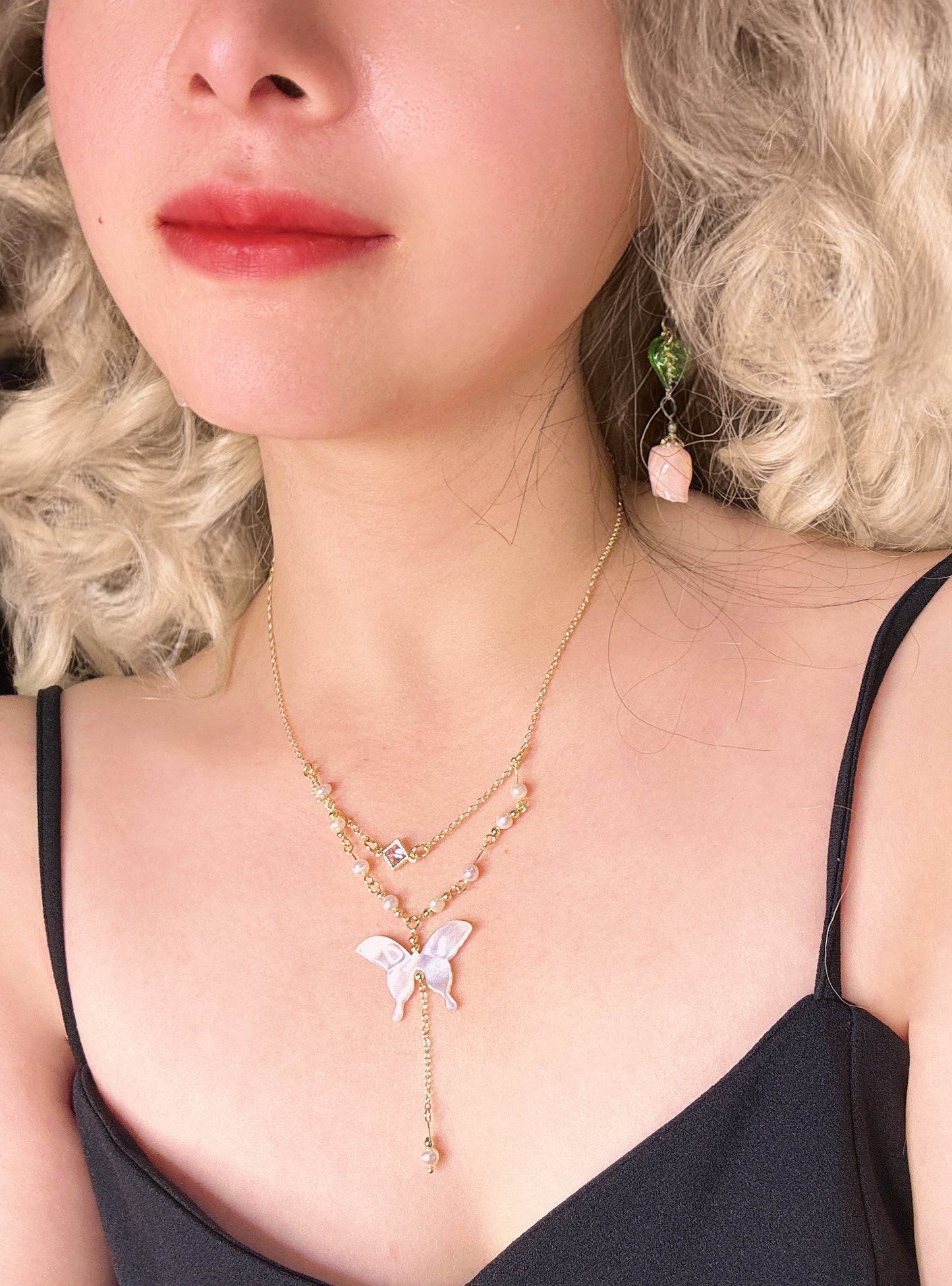 golden butterfly necklace handmade agate cystal beads necklace jewelry