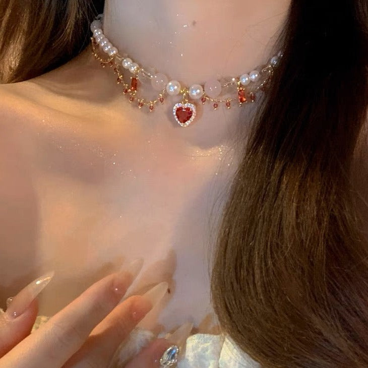 Red heart pearl necklace handmade cystal beads Venetian pearl cystal dailyjewelryannie