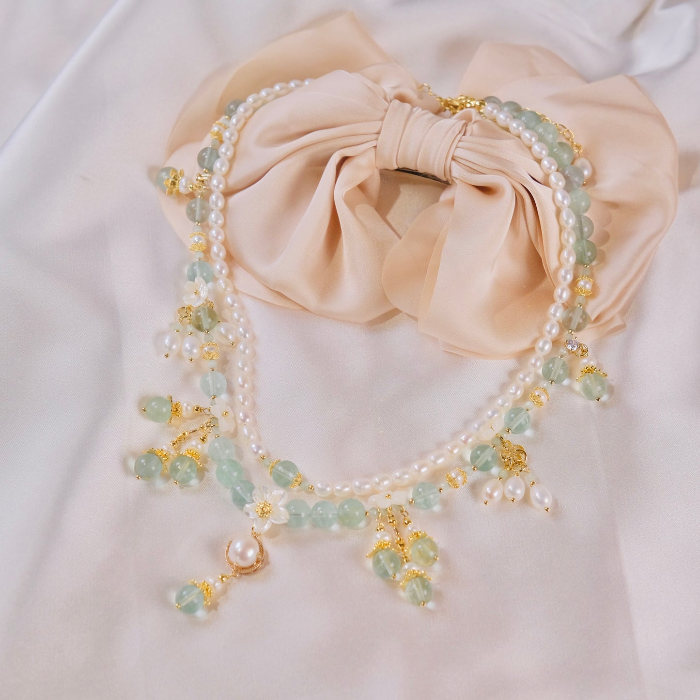 green fairy necklace handmade agate cystal beads handmade Mixed Fluorite beads,pearls necklace jewelry