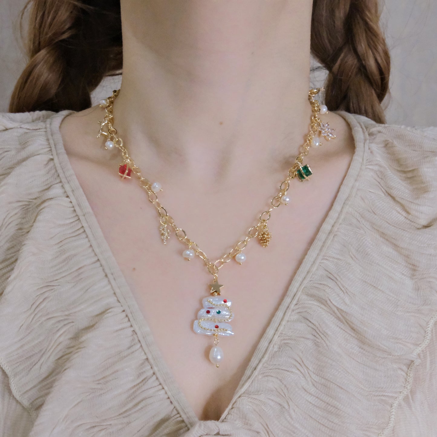 Colgante de perlas de árbol de Navidad Collar de perlas - Conjunto de colgante de perlas de Navidad joyería de moda
