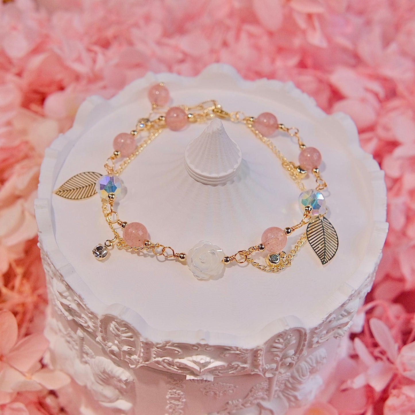 white rose bracelet handmadeJade beads Strawberry Crystal beads Austrian crystal beads Bracelet Fashion women jewelry beads dailyjewelryannie