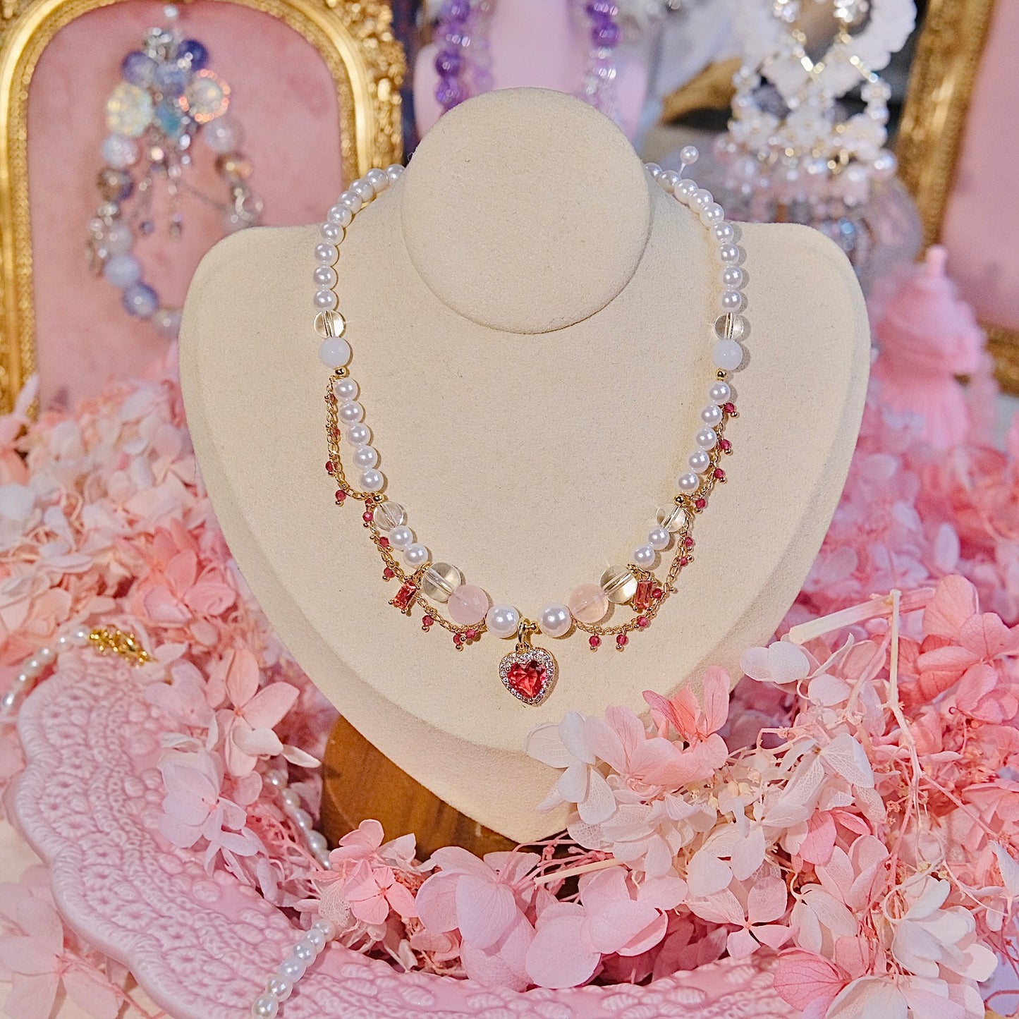 Red heart pearl necklace handmade cystal beads Venetian pearl cystal dailyjewelryannie