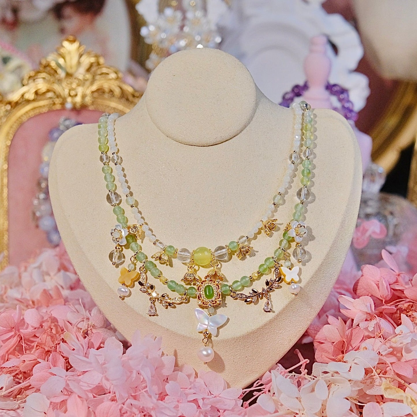 Green butterfly double necklace handmade White crystal bead mother of pearls jewelry beads