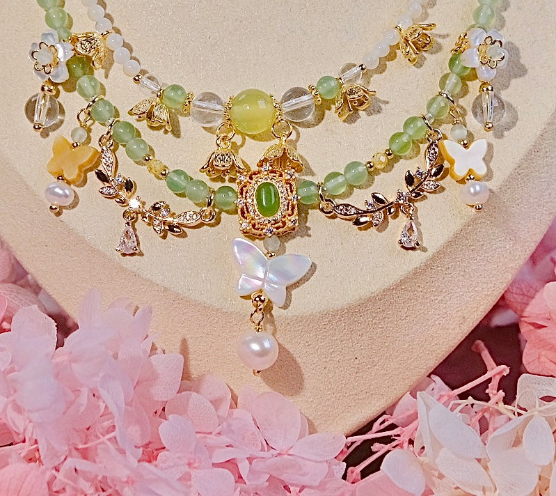 Green butterfly double necklace handmade White crystal bead mother of pearls jewelry beads