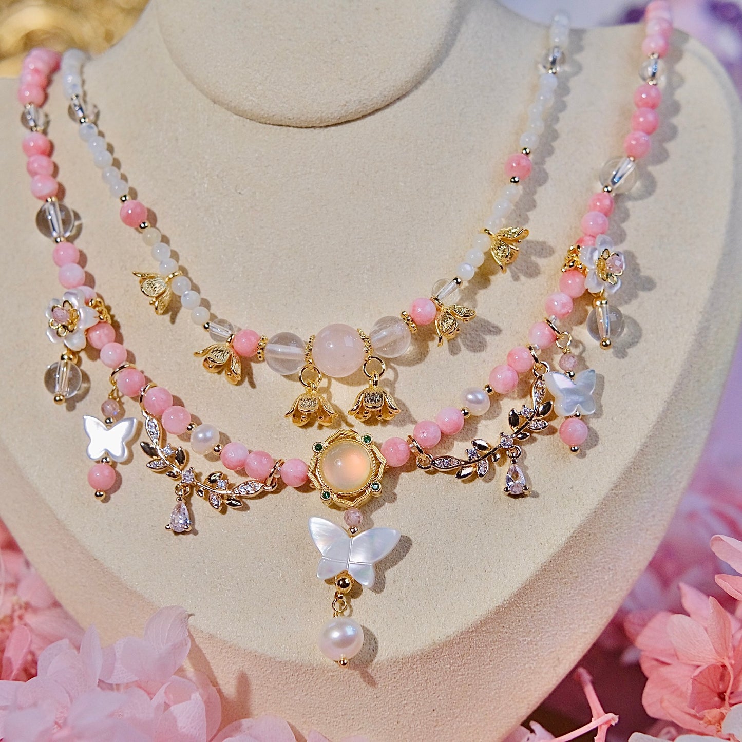 PINK butterfly double chain necklaceMixed White and pink crystal beads,mother of pearls,red Serpentine Jade beads necklaceFashion women jewelry beads dailyjewelryannie Fashion women jewelry beads