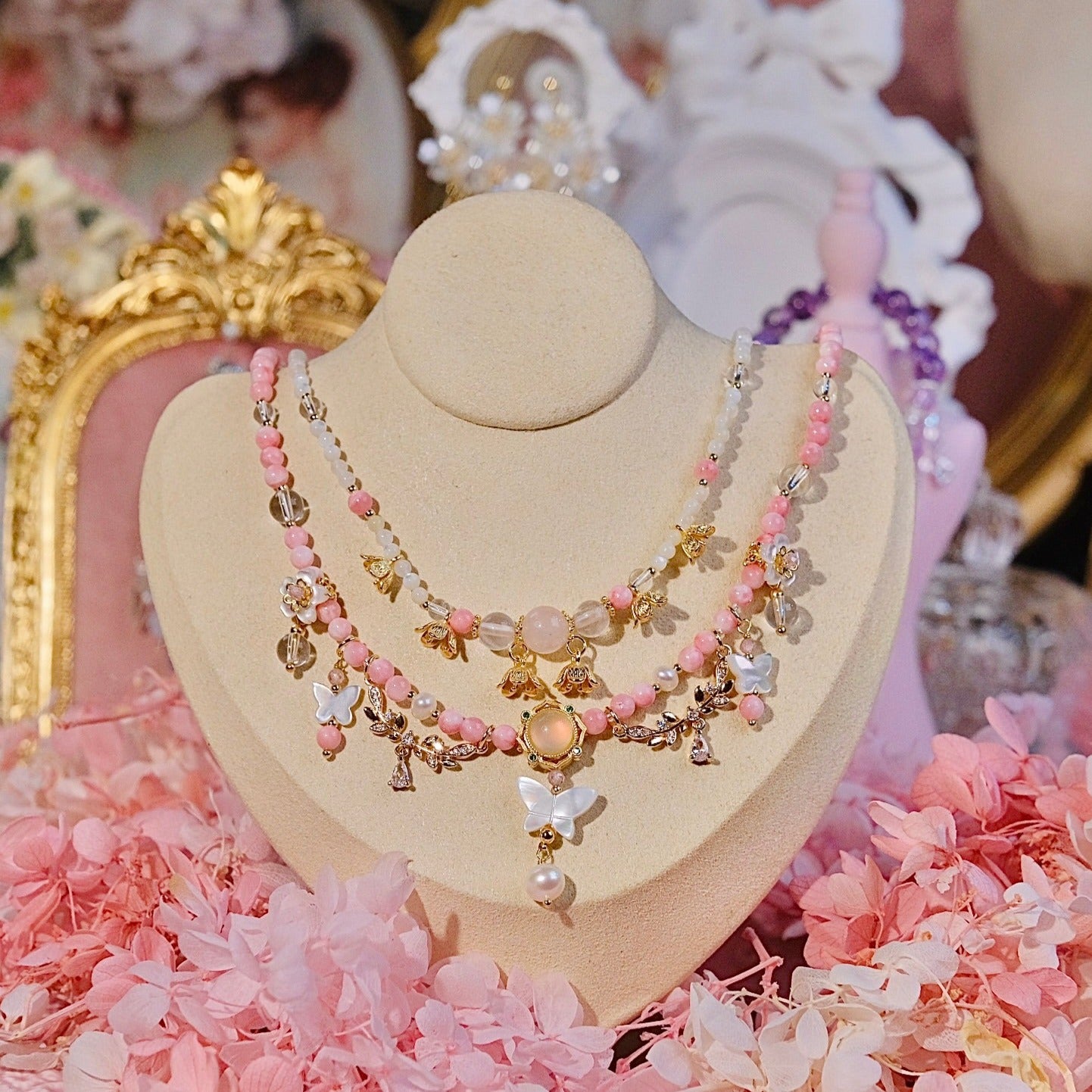PINK butterfly double chain necklaceMixed White and pink crystal beads,mother of pearls,red Serpentine Jade beads necklaceFashion women jewelry beads dailyjewelryannie Fashion women jewelry beads