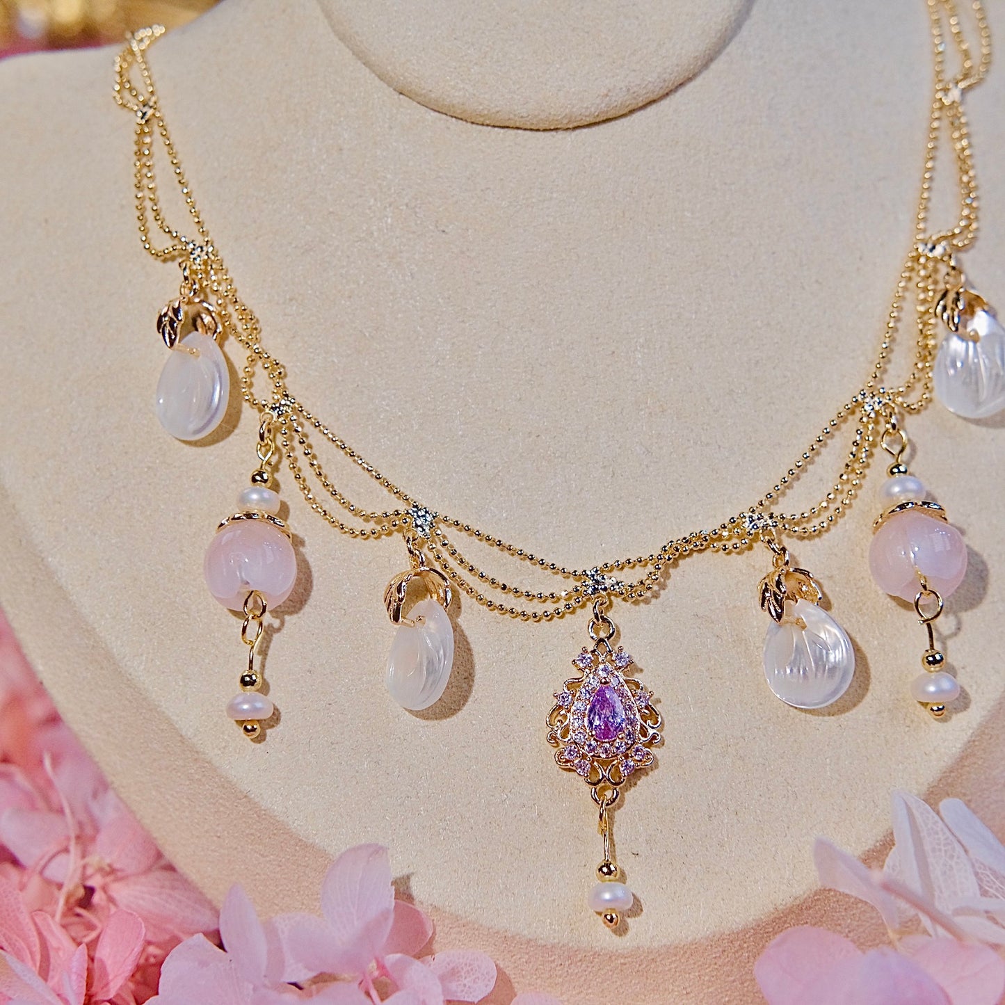 moon wish necklace Fashion women jewelry beads handmade Mixed Pinctada maxima beads,pearls,Pink crystal necklace