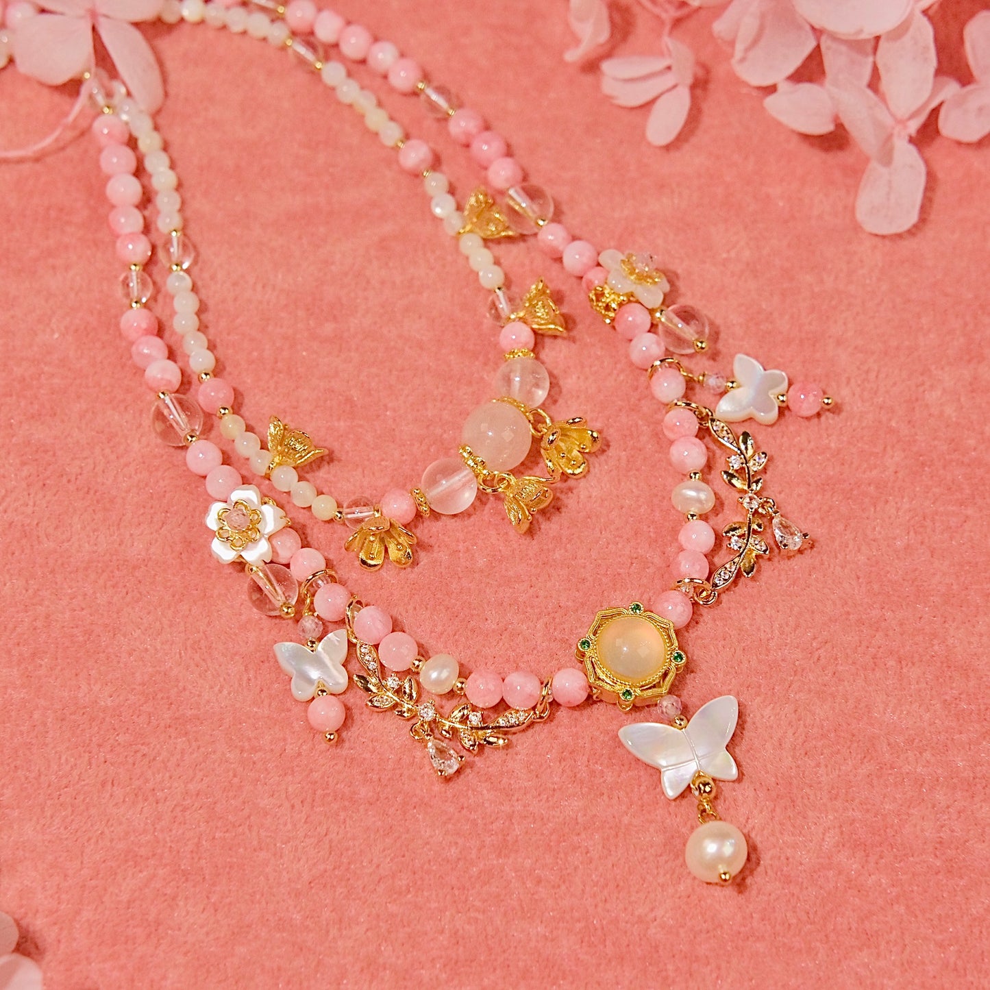 PINK butterfly double chain necklaceMixed White and pink crystal beads,mother of pearls,red Serpentine Jade beads necklaceFashion women jewelry beads dailyjewelryannie Fashion women jewelry beads