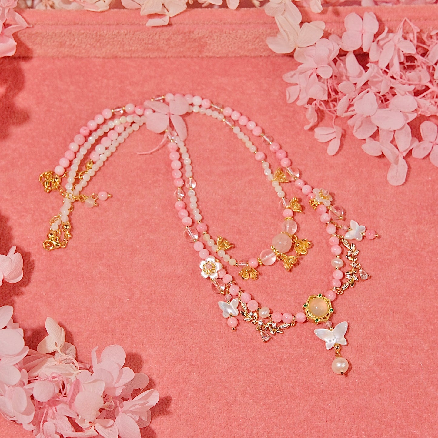 PINK butterfly double chain necklaceMixed White and pink crystal beads,mother of pearls,red Serpentine Jade beads necklaceFashion women jewelry beads dailyjewelryannie Fashion women jewelry beads