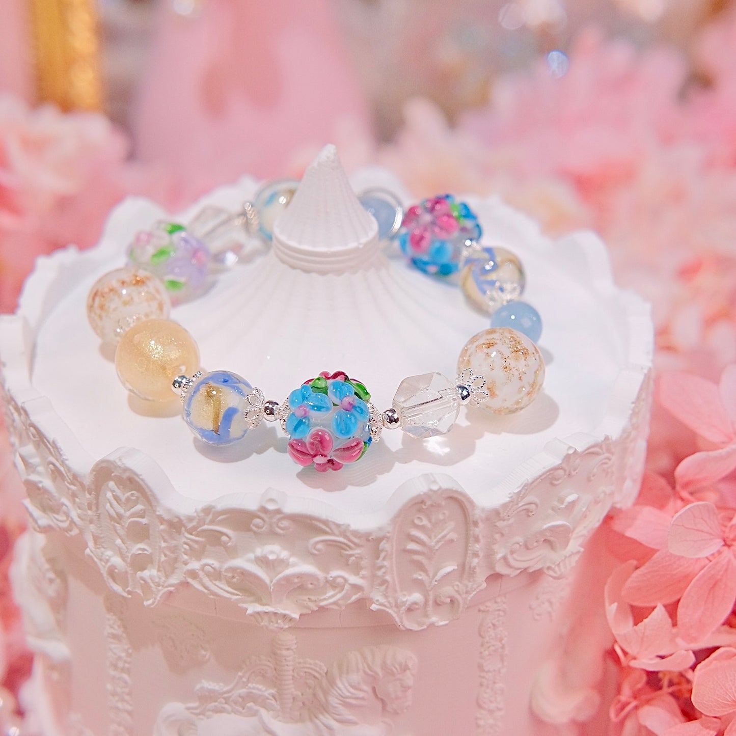 Frozen flower Bracelet Fashion handmade hand painted unique glaze beads aquamarine beads Bracelet