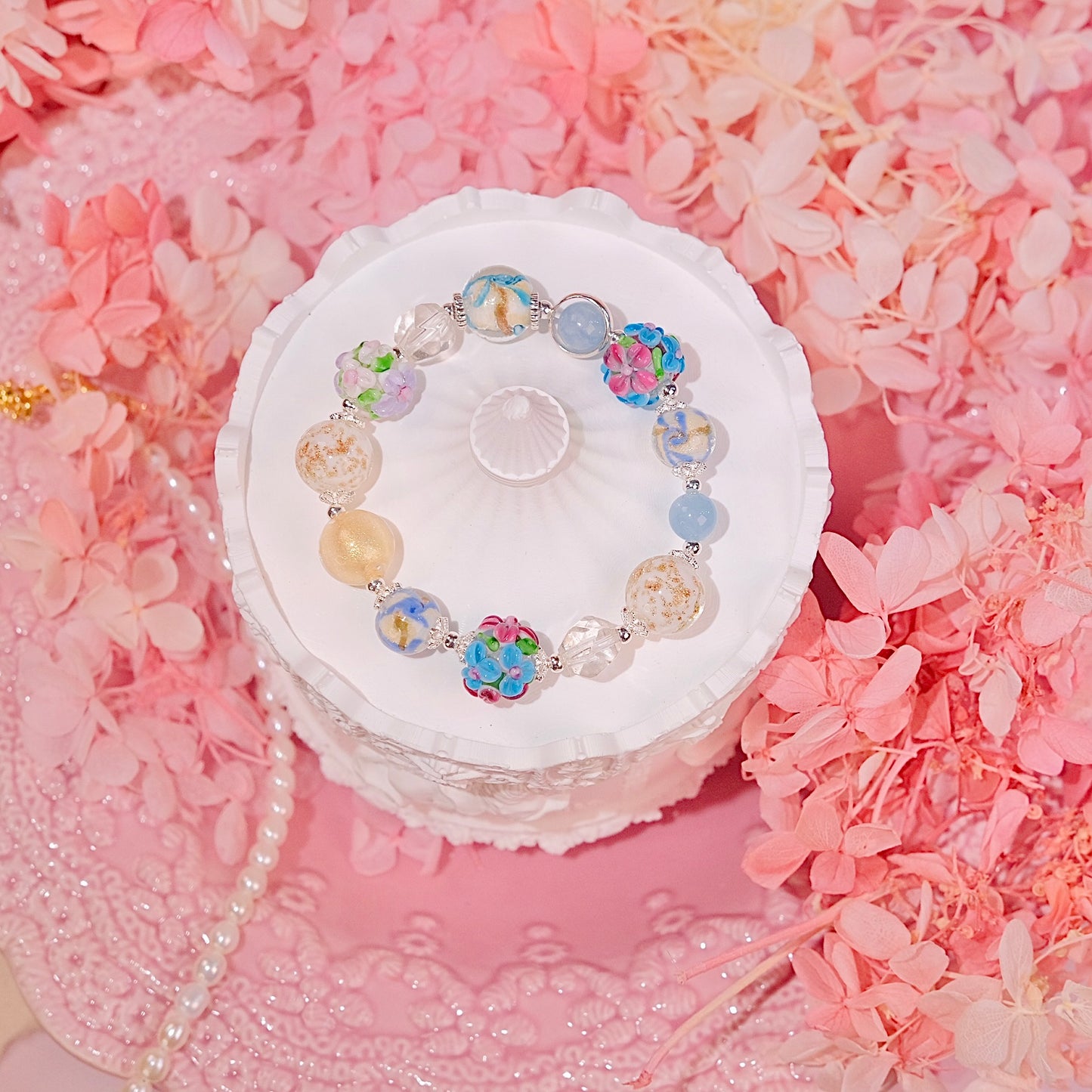 Frozen flower Bracelet Fashion handmade hand painted unique glaze beads aquamarine beads Bracelet