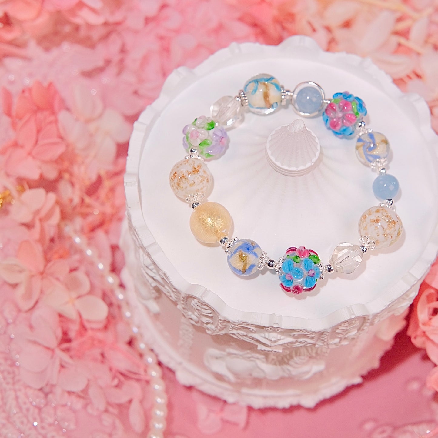 Frozen flower Bracelet Fashion handmade hand painted unique glaze beads aquamarine beads Bracelet