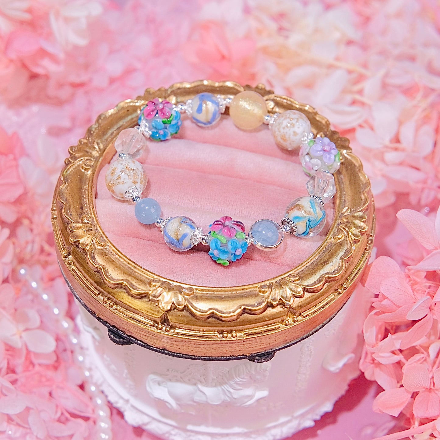 Frozen flower Bracelet Fashion handmade hand painted unique glaze beads aquamarine beads Bracelet