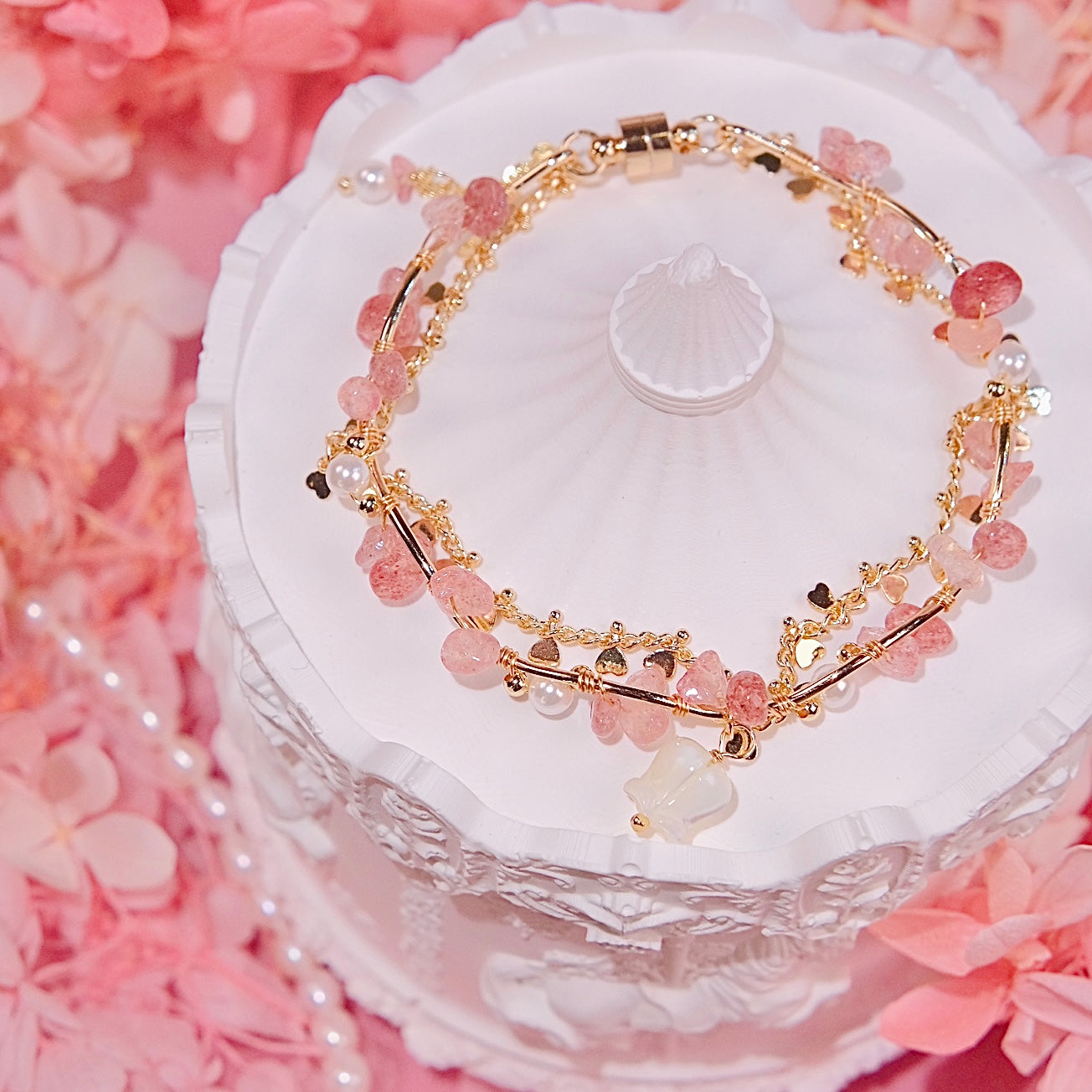 lily of the valley girl bracelet handmade Mixed pearl, Strawberry Crystal beads Bracelet jewelry
