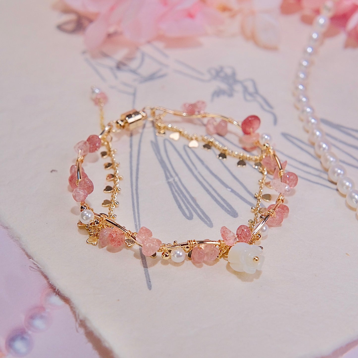 lily of the valley girl bracelet handmade Mixed pearl, Strawberry Crystal beads Bracelet jewelry