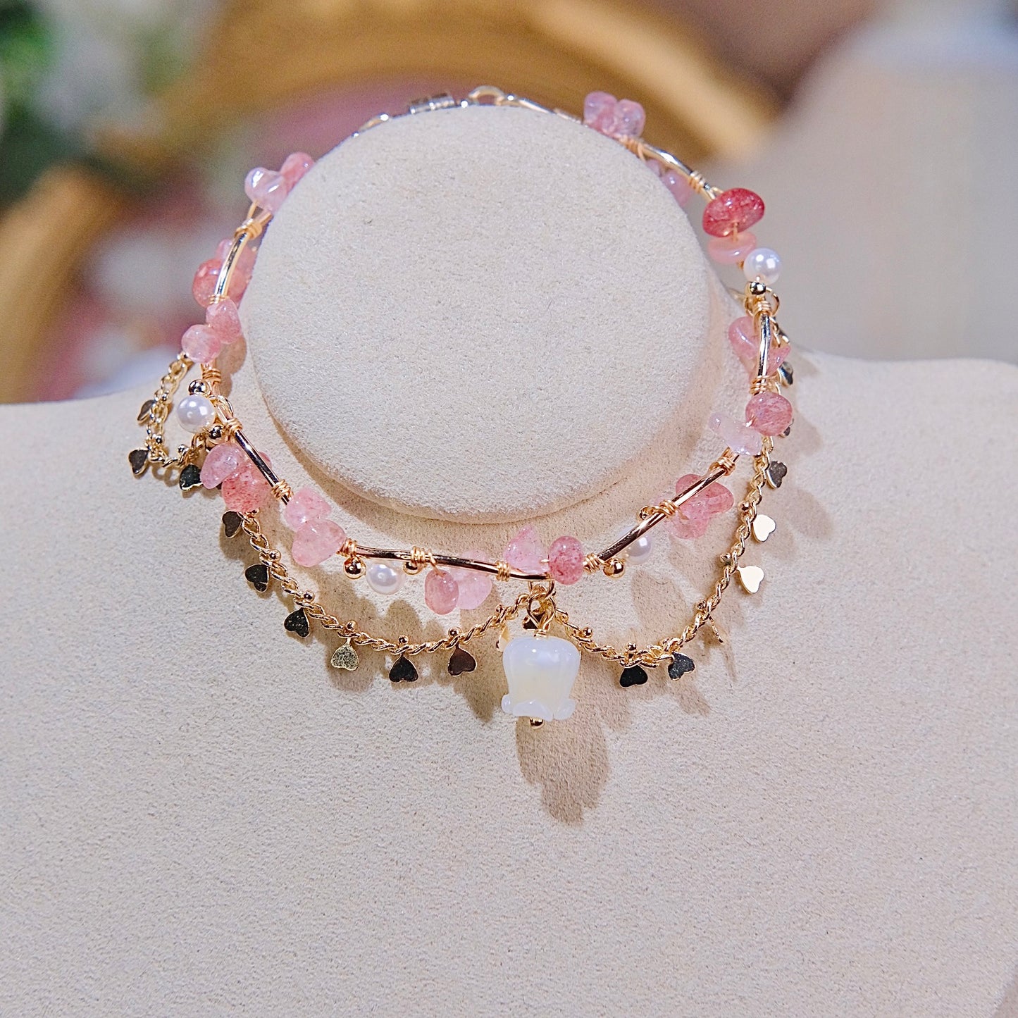 lily of the valley girl bracelet handmade Mixed pearl, Strawberry Crystal beads Bracelet jewelry