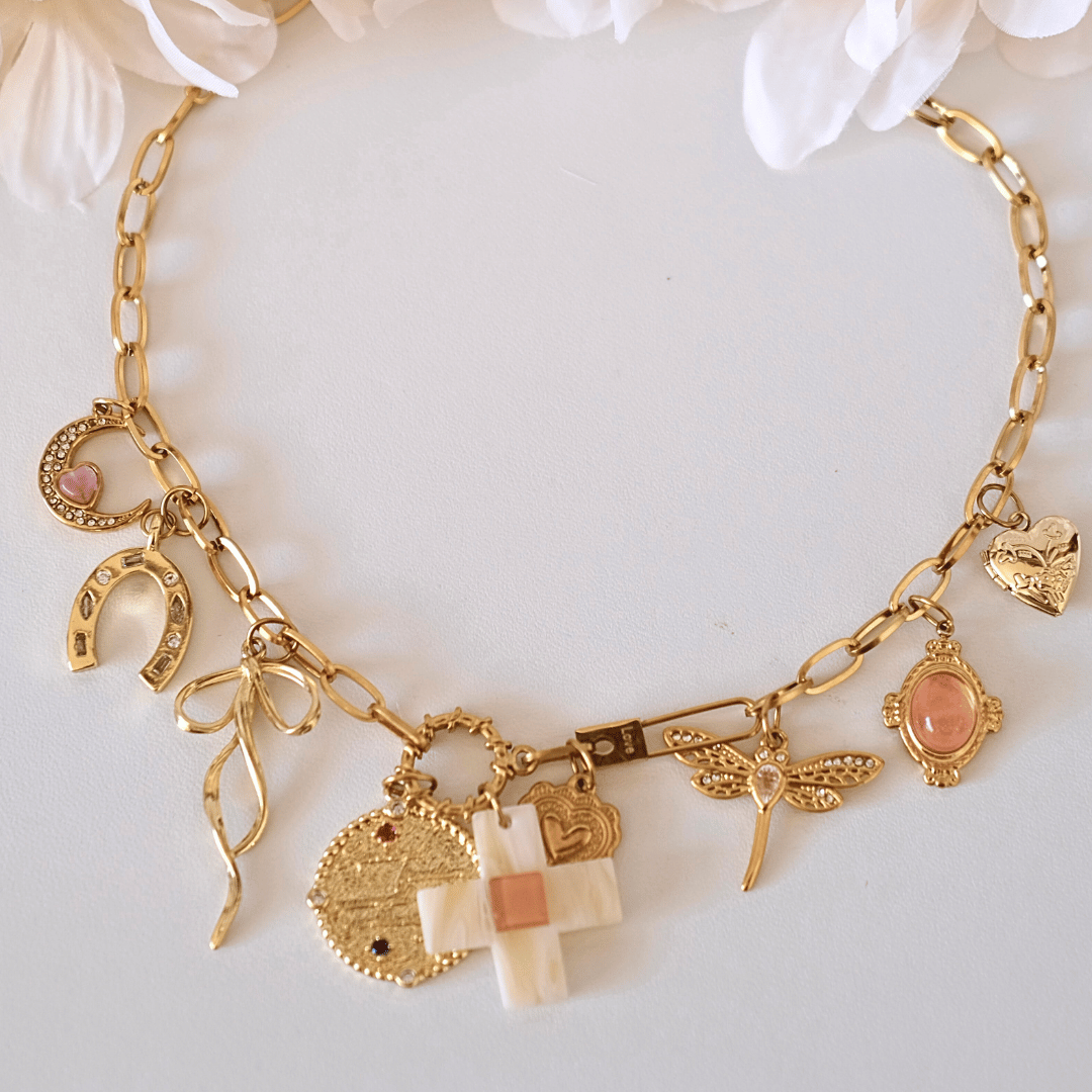 PRE-MADE Vintage Lucky Charm Necklace – Cross & Gold Amulets