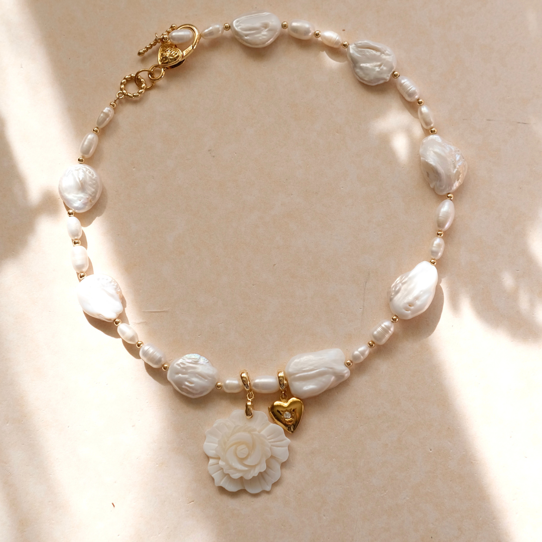 Pre-made Baroque Pearl Rose Pendant Necklace - Elegant White Flower & Gold Heart Charm