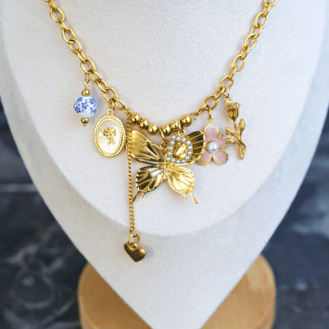 Personalized goldball with butterfly Charm Necklace-customization