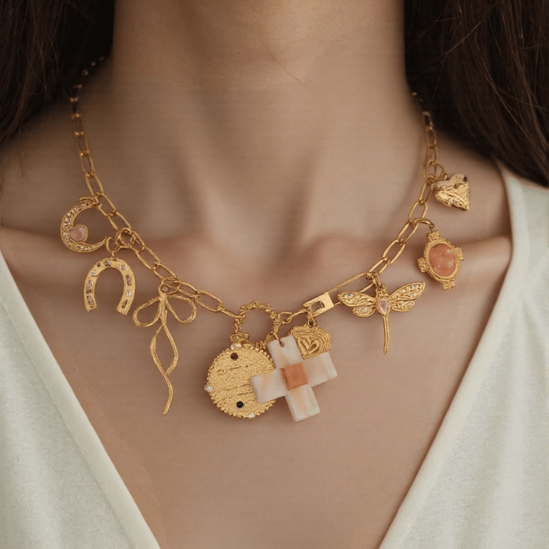 PRE-MADE Vintage Lucky Charm Necklace – Cross & Gold Amulets