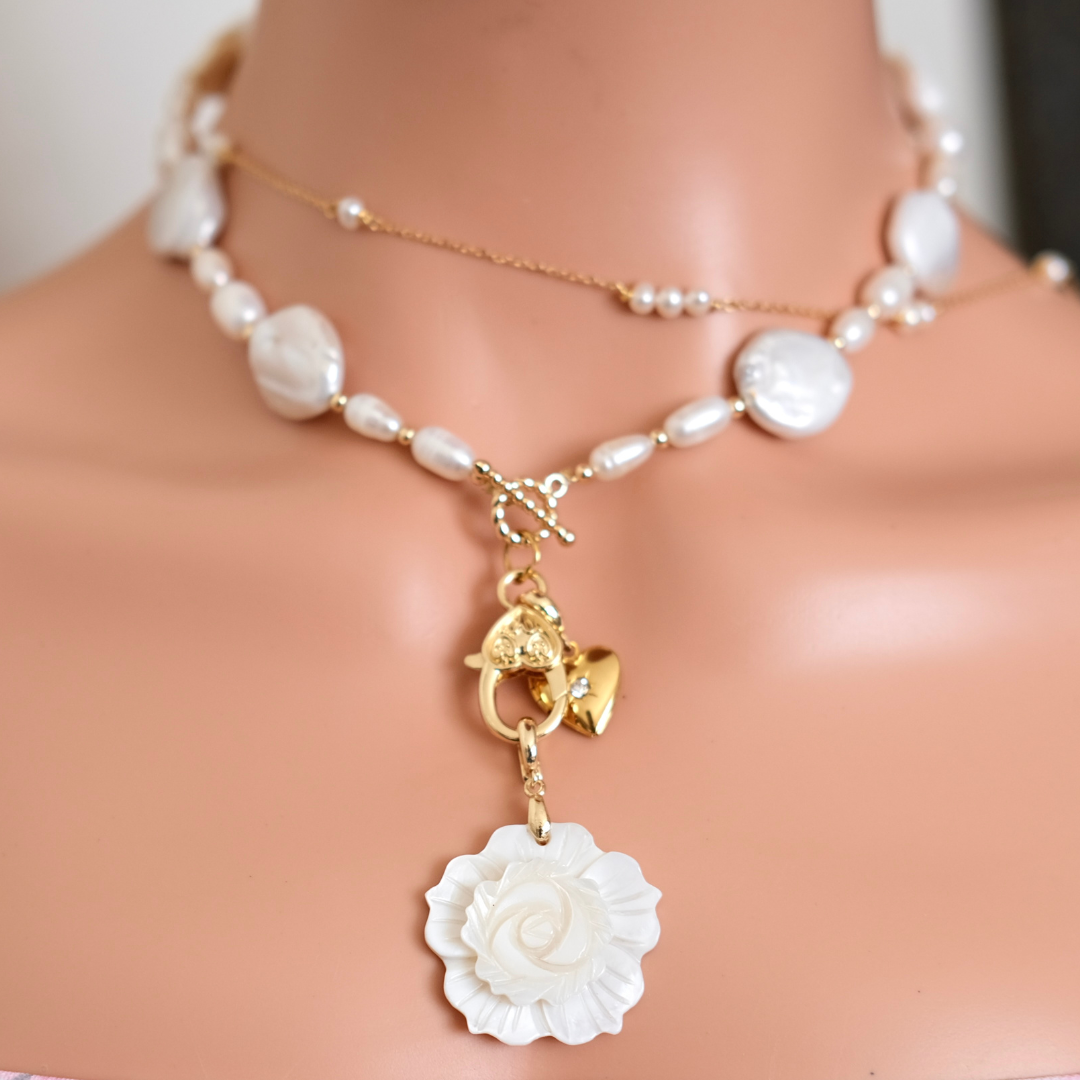Pre-made Baroque Pearl Rose Pendant Necklace - Elegant White Flower & Gold Heart Charm