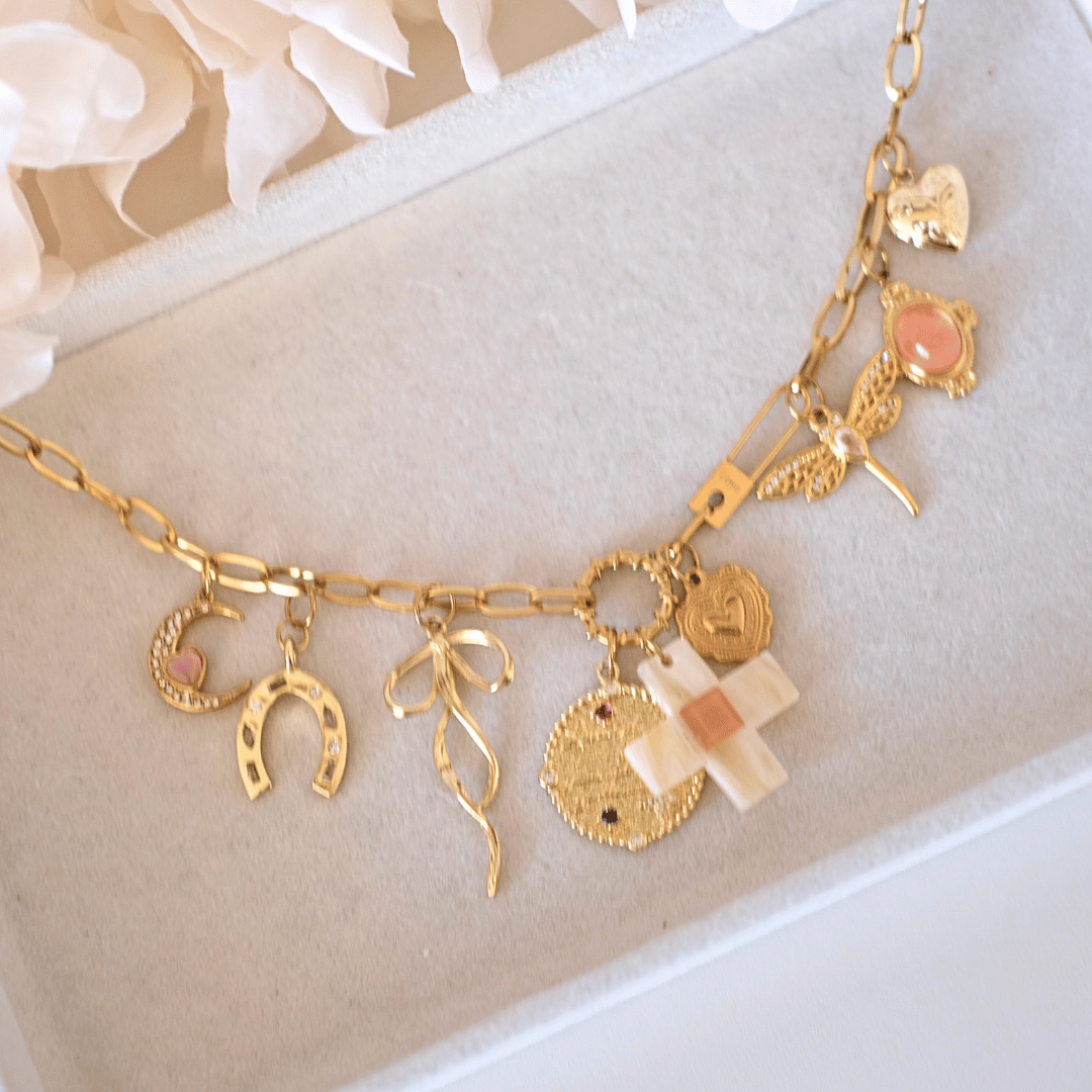 PRE-MADE Vintage Lucky Charm Necklace – Cross & Gold Amulets