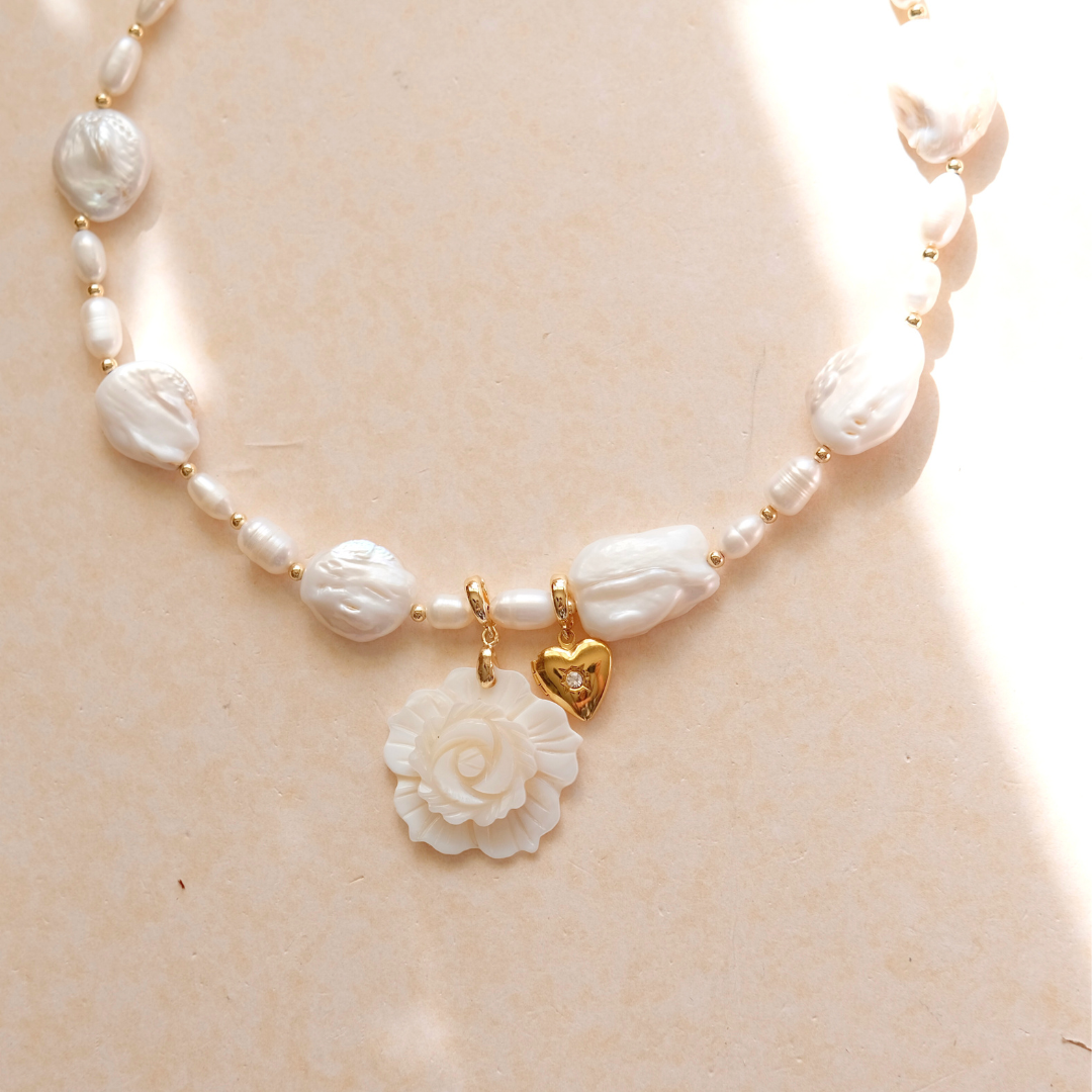 Pre-made Baroque Pearl Rose Pendant Necklace - Elegant White Flower & Gold Heart Charm
