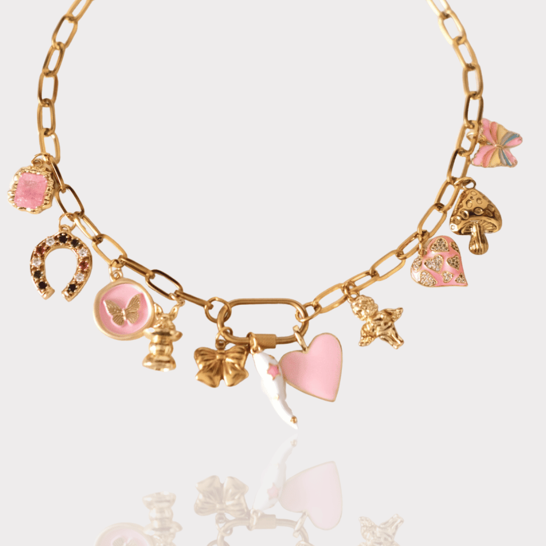 PRE-MADE PIINK HEART necklace with 11 charms