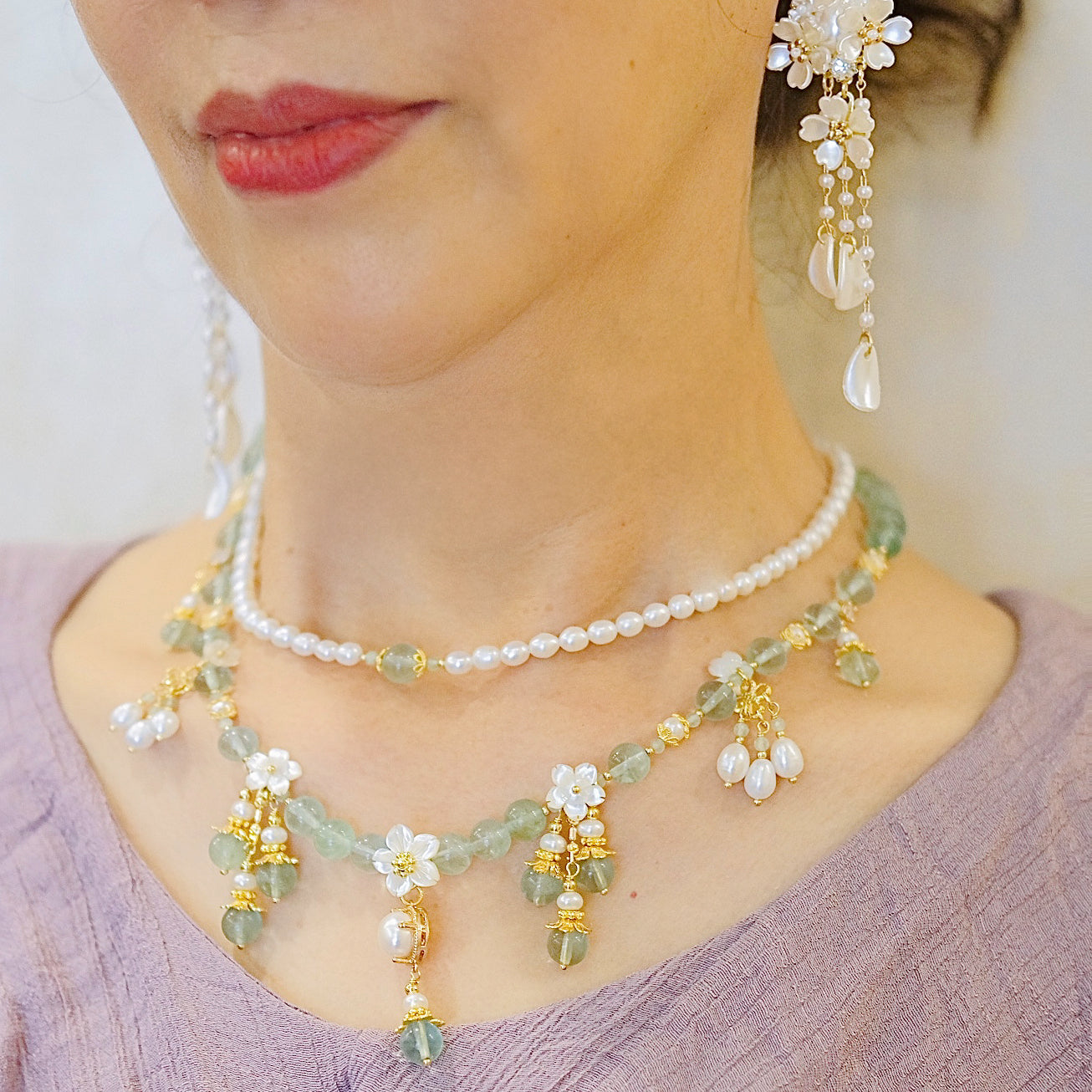 green fairy necklace handmade agate cystal beads handmade Mixed Fluorite beads,pearls necklace jewelry