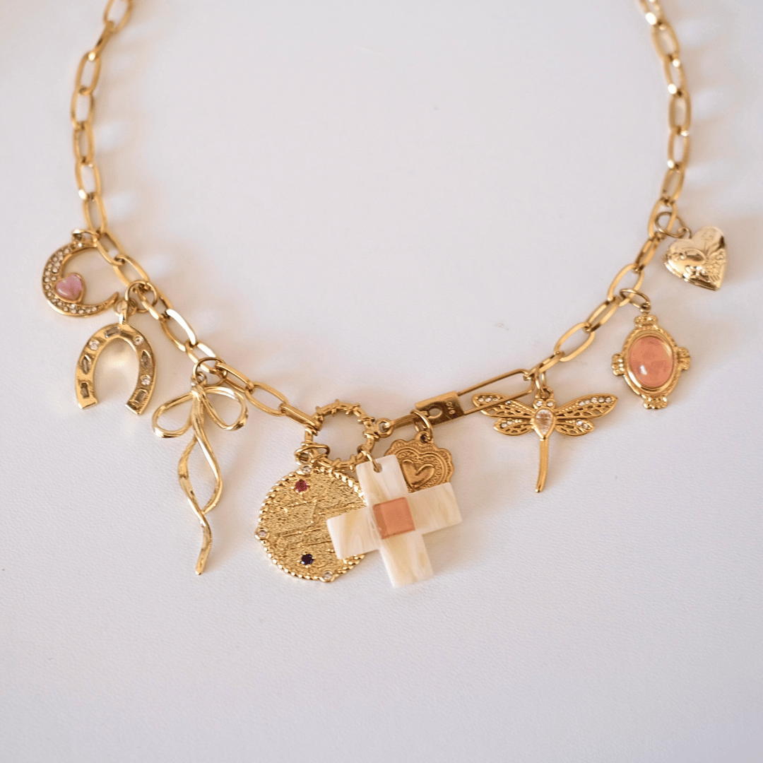 PRE-MADE Vintage Lucky Charm Necklace – Cross & Gold Amulets