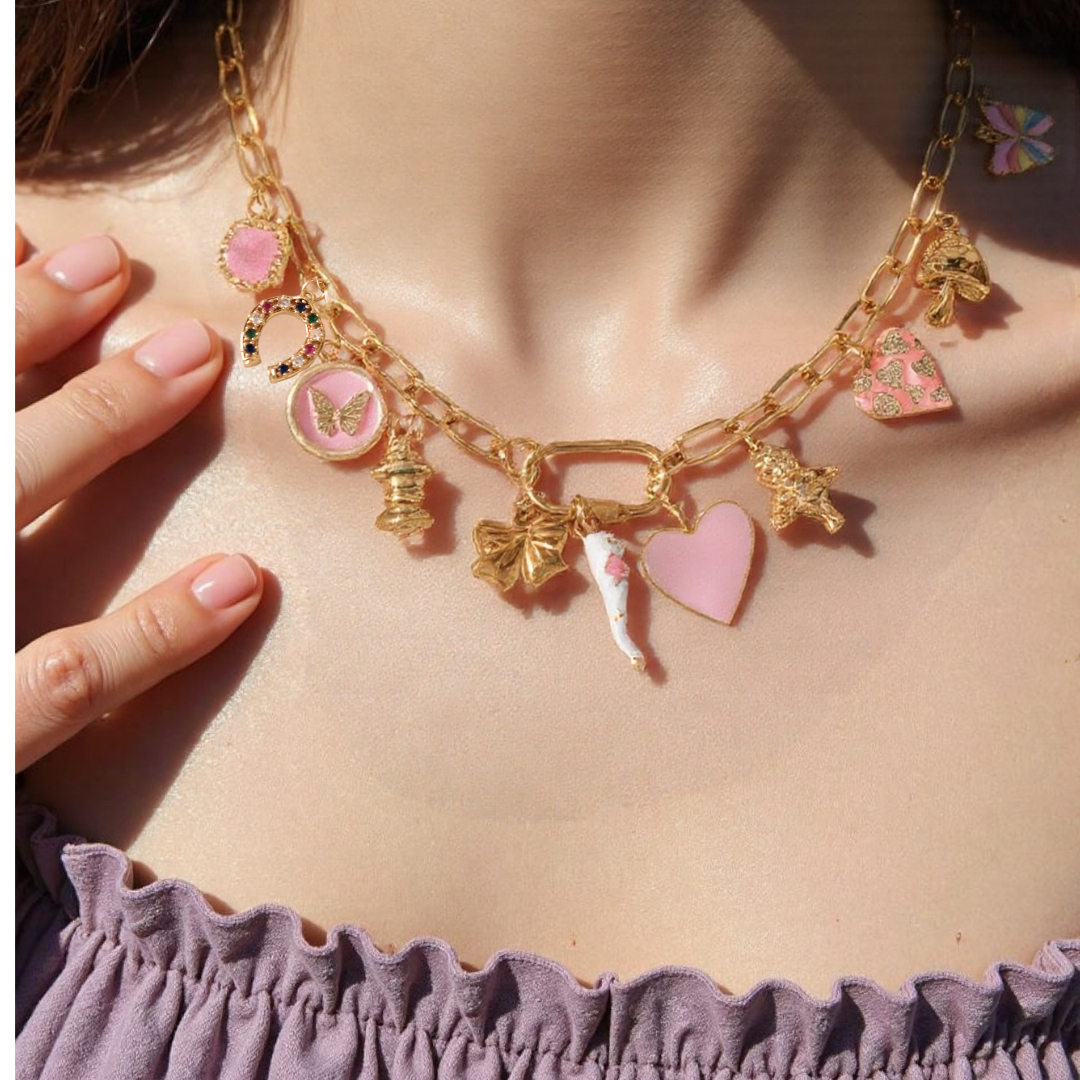 PRE-MADE PIINK HEART necklace with 11 charms