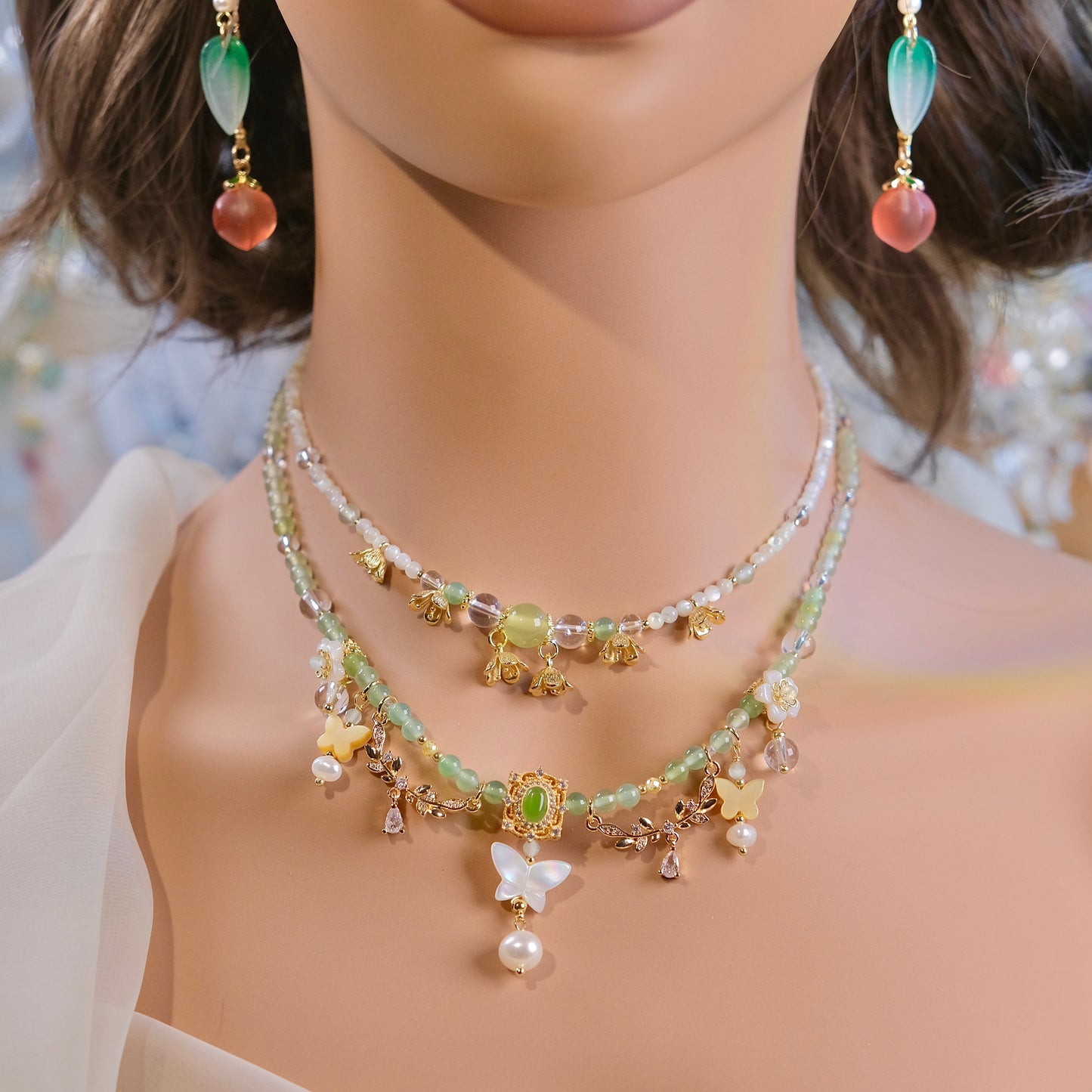 Green butterfly double necklace handmade White crystal bead mother of pearls jewelry beads