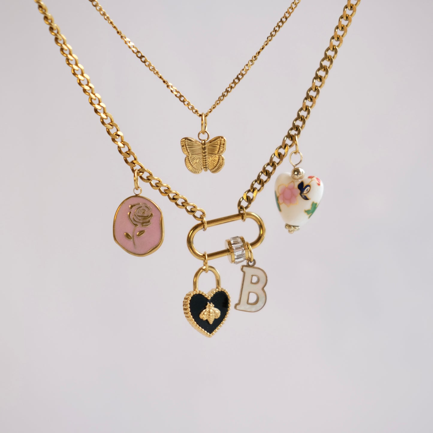 Bee heart Oval Clasp two layer Chain-customization