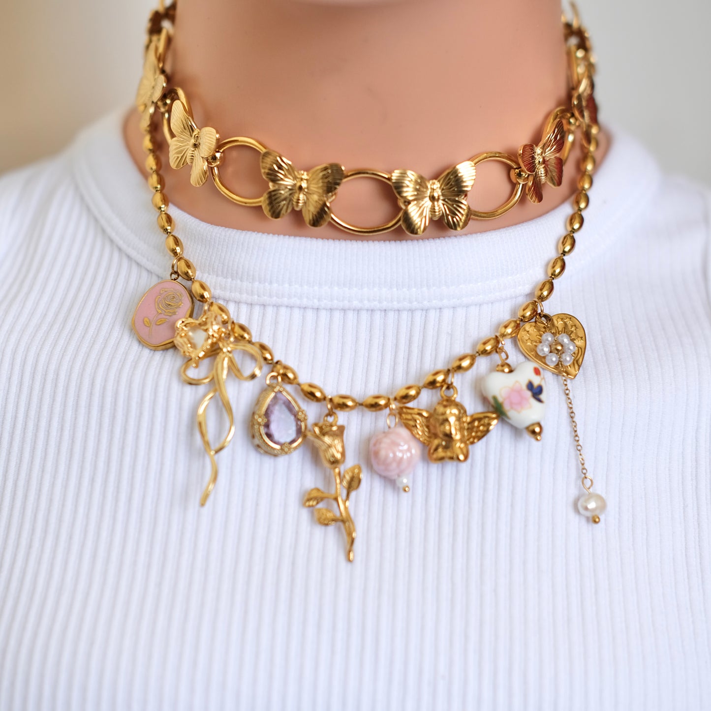 Personalized butterfly bow with rose Vintage Necklace-customization