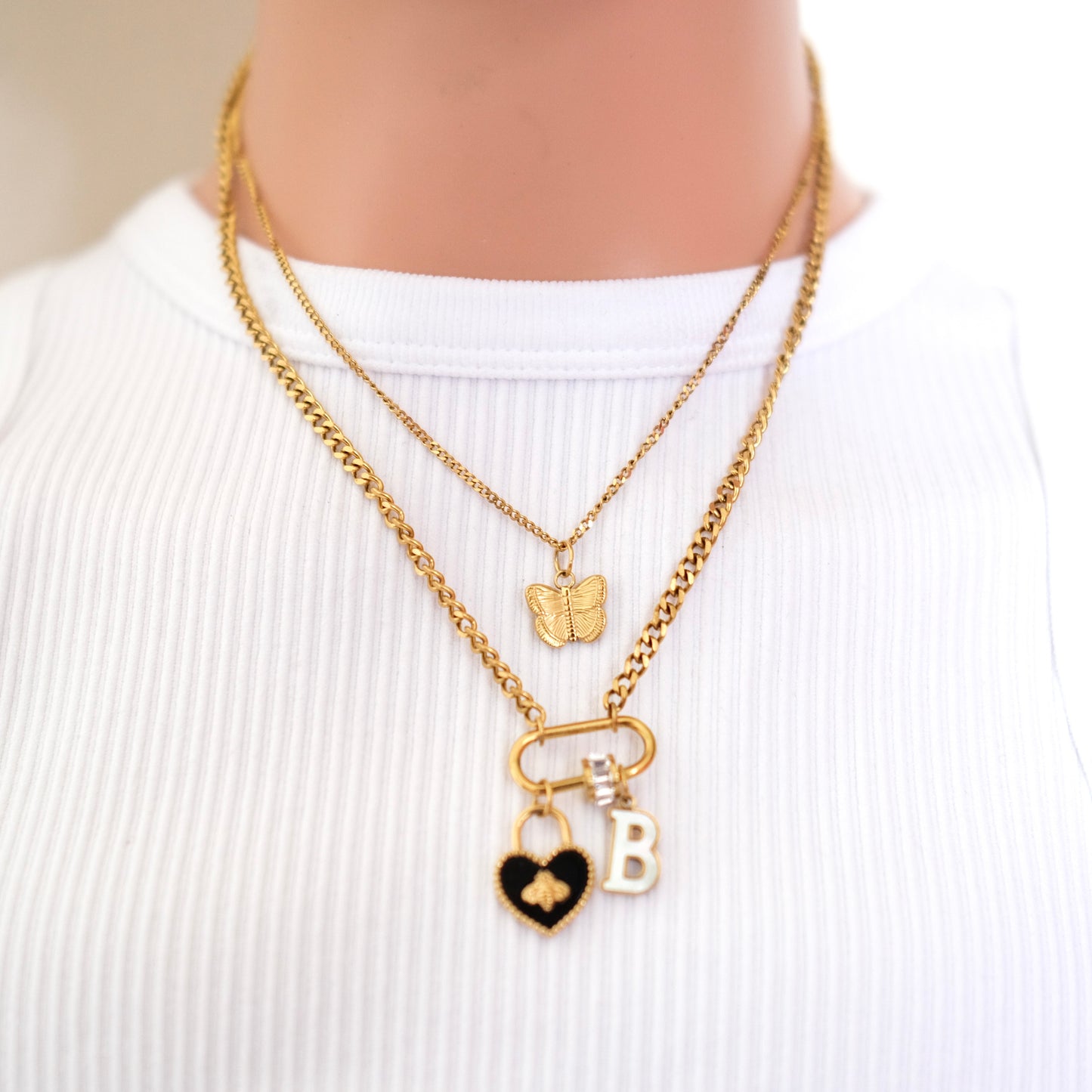 Bee heart Oval Clasp two layer Chain-customization