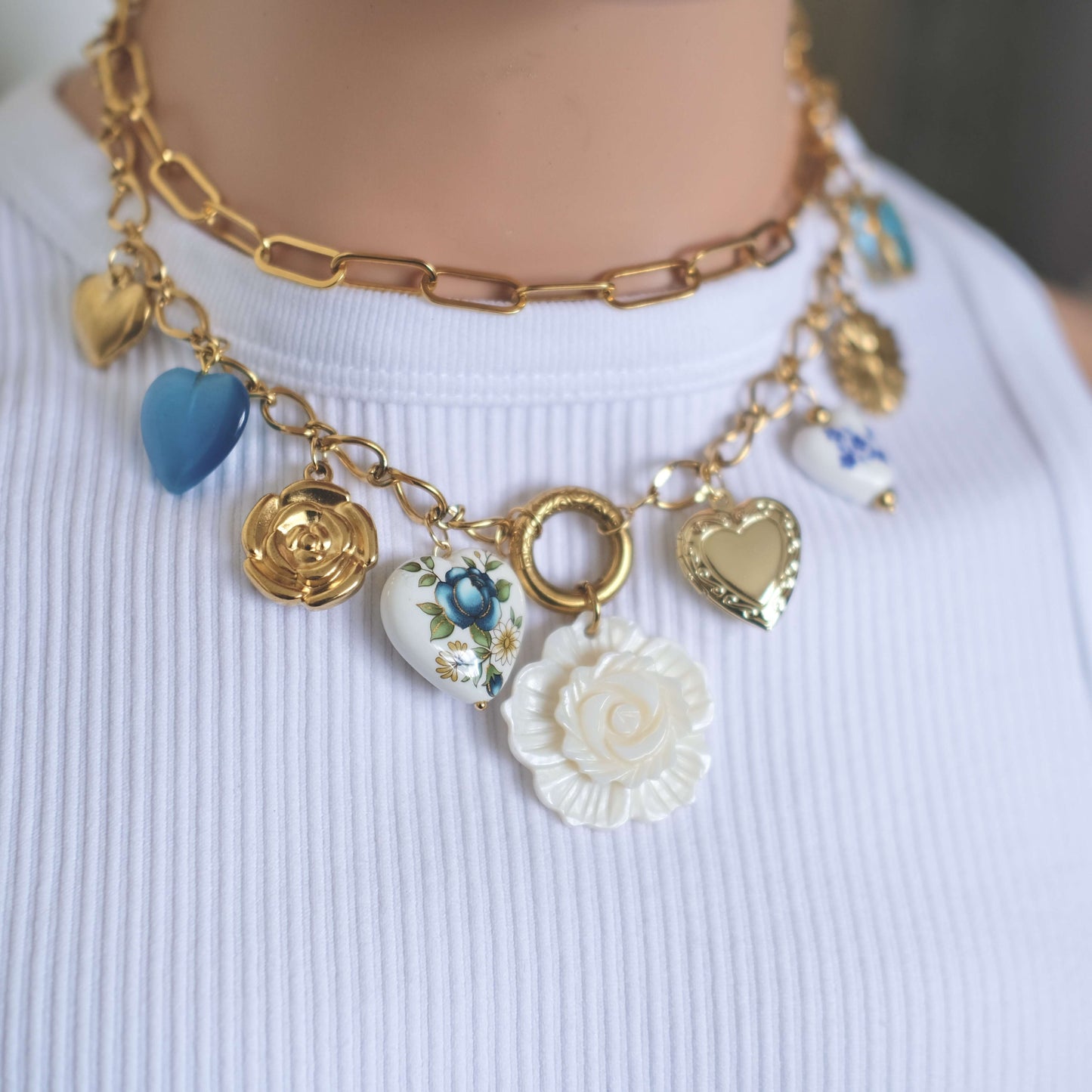 Vintage Heart & Rose Charm Necklace - Gold & Porcelain Floral Design
