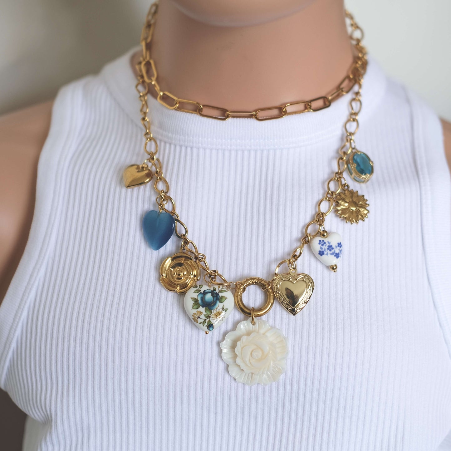 Vintage Heart & Rose Charm Necklace - Gold & Porcelain Floral Design