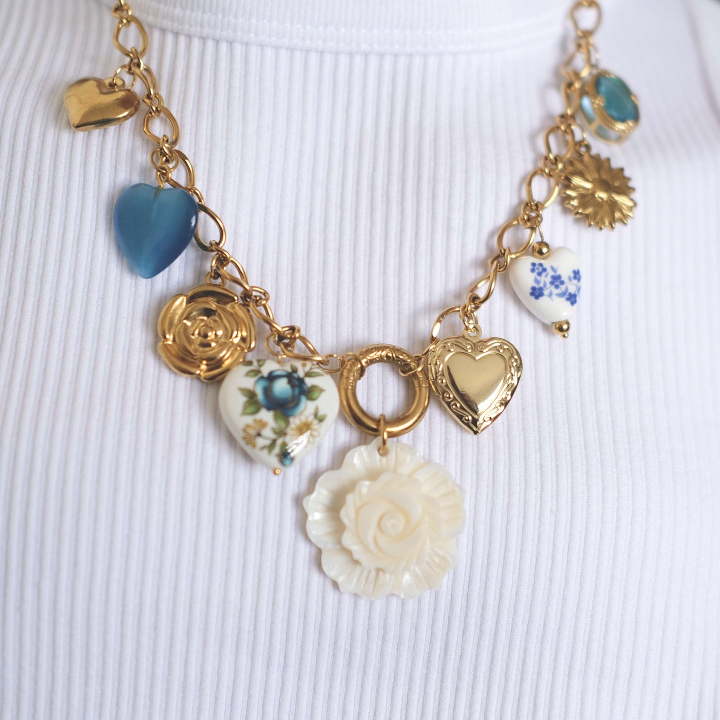 Vintage Heart & Rose Charm Necklace - Gold & Porcelain Floral Design