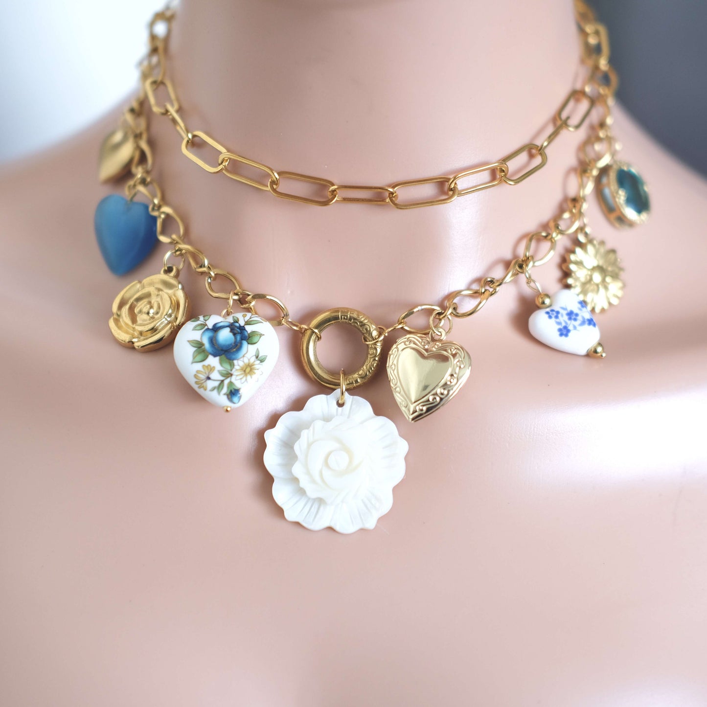 Vintage Heart & Rose Charm Necklace - Gold & Porcelain Floral Design