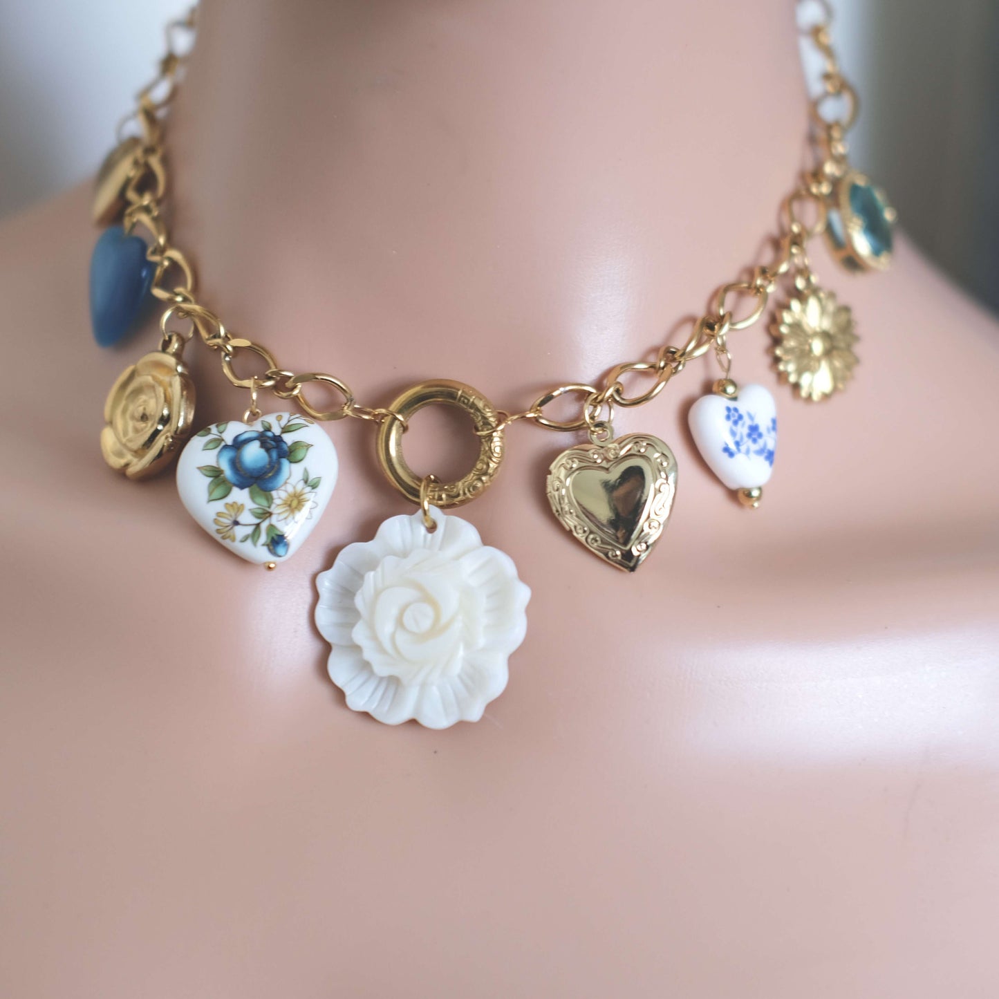 Vintage Heart & Rose Charm Necklace - Gold & Porcelain Floral Design
