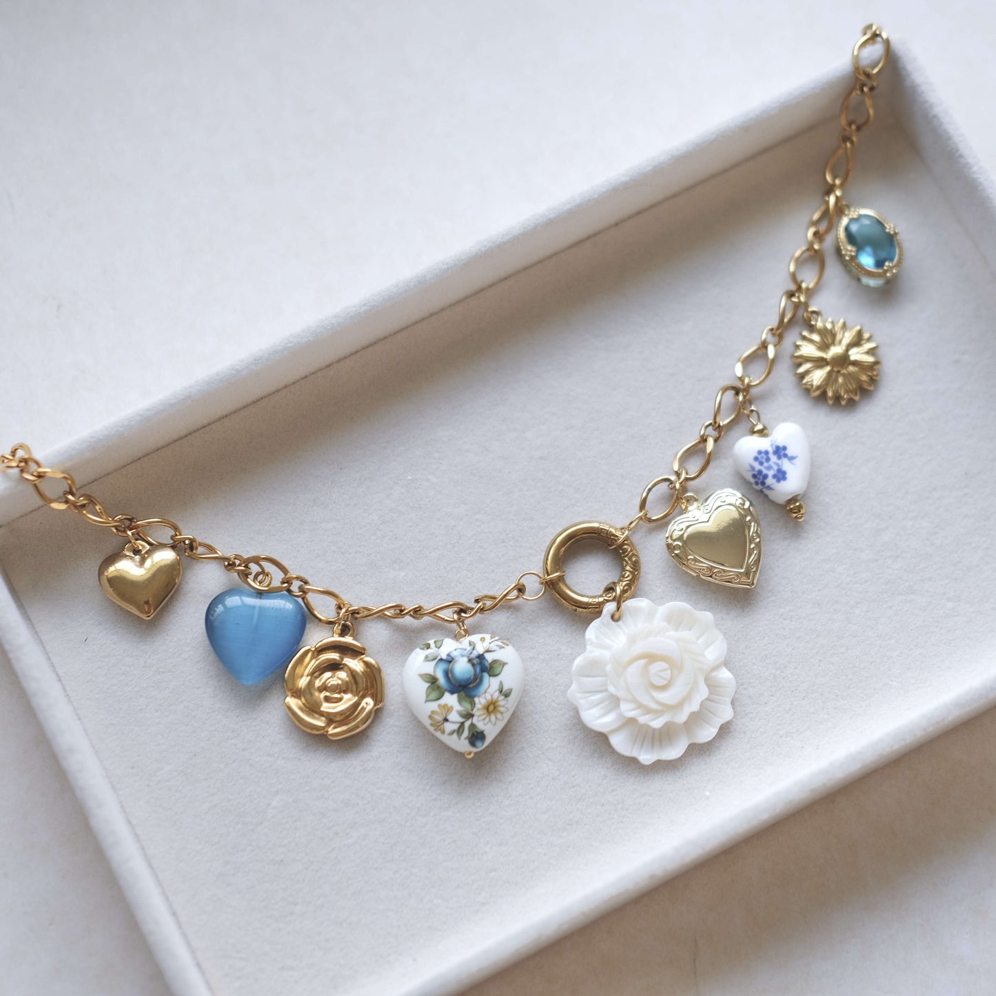 Vintage Heart & Rose Charm Necklace - Gold & Porcelain Floral Design