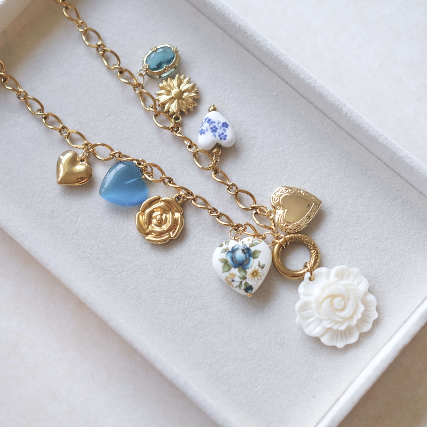 Vintage Heart & Rose Charm Necklace - Gold & Porcelain Floral Design