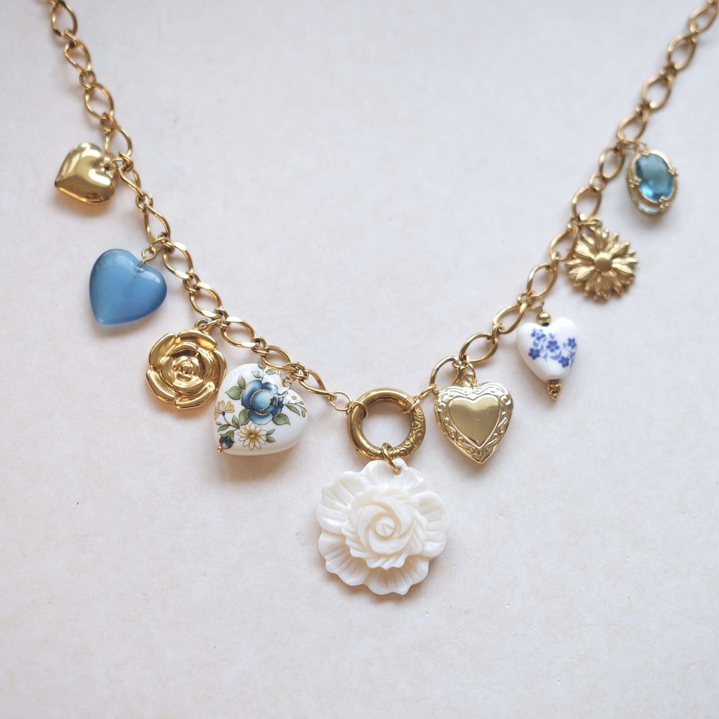 Vintage Heart & Rose Charm Necklace - Gold & Porcelain Floral Design