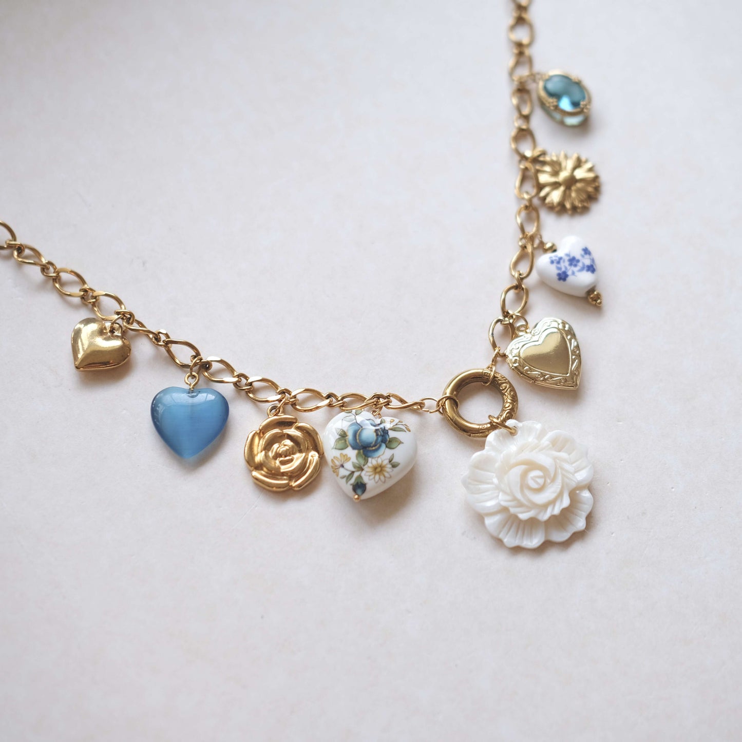 Vintage Heart & Rose Charm Necklace - Gold & Porcelain Floral Design