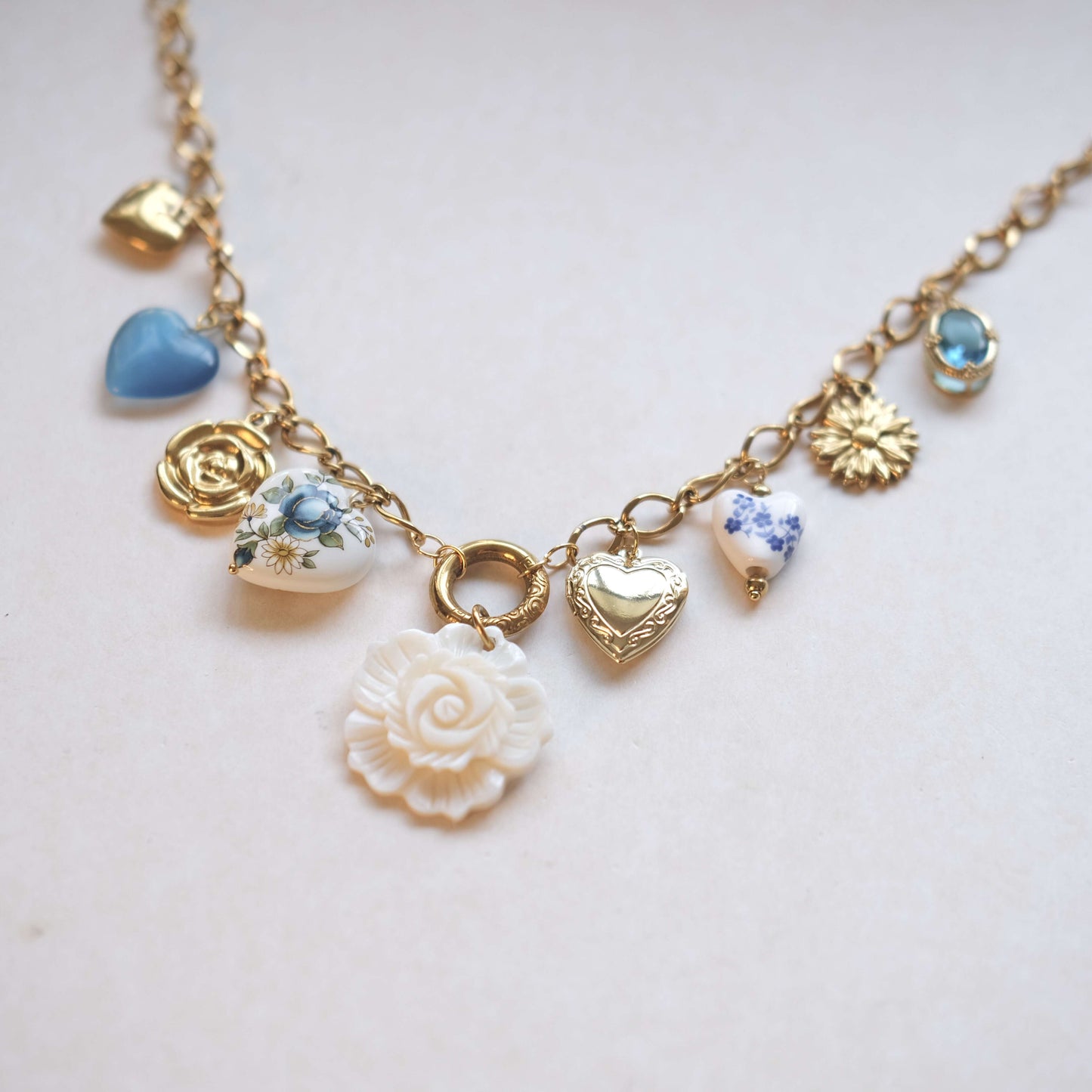 Vintage Heart & Rose Charm Necklace - Gold & Porcelain Floral Design