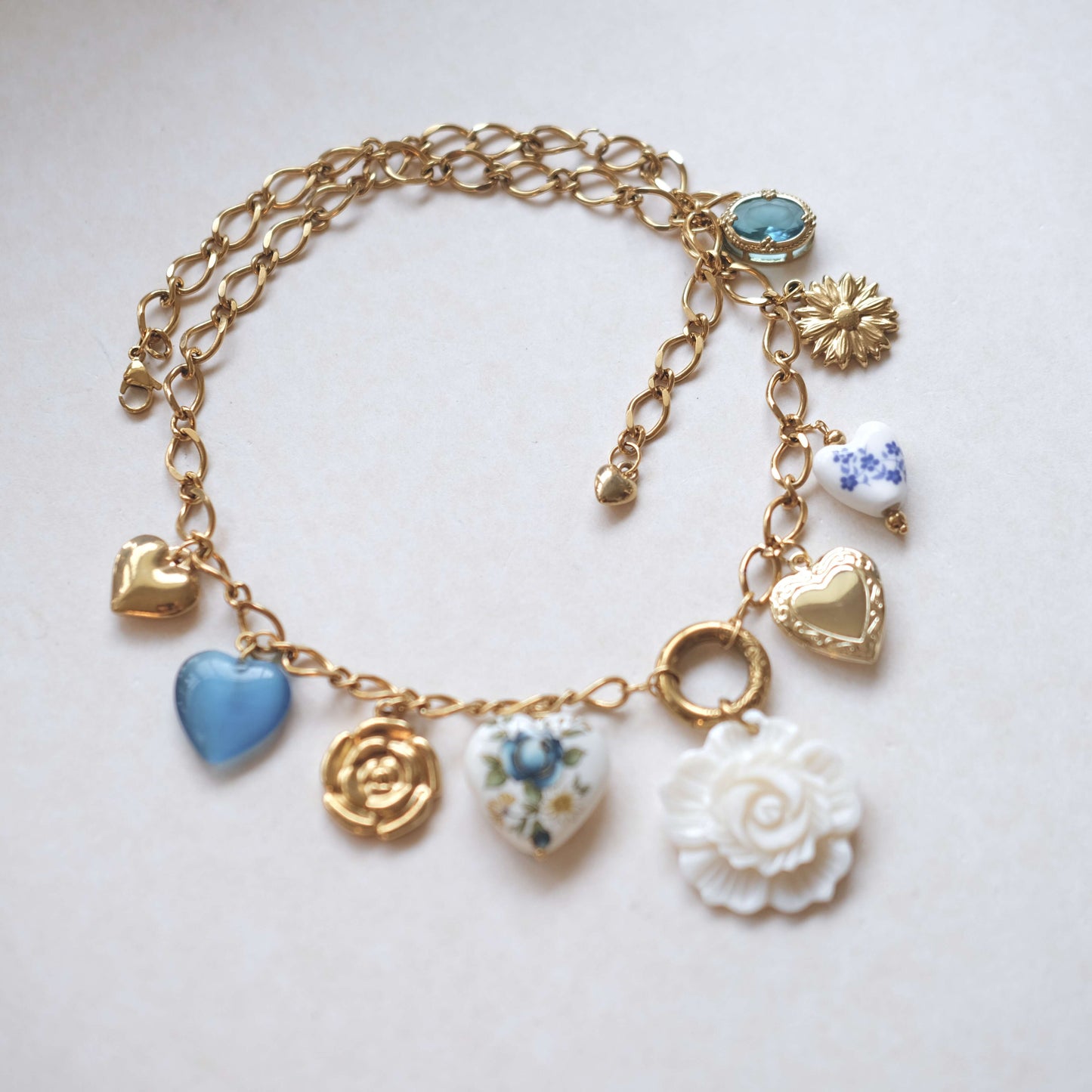Vintage Heart & Rose Charm Necklace - Gold & Porcelain Floral Design